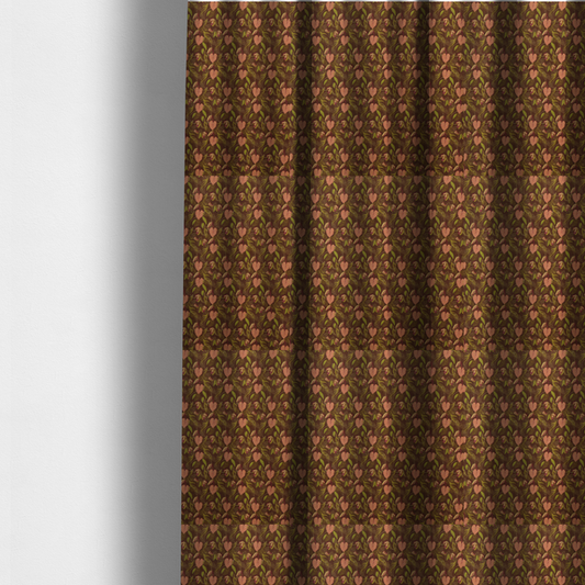 The fabric used to create these made-to-measure curtains is a brown upholstery fabric featuring a repeating pattern of pink heart-shaped leaves, green foliage, and delicate botanical details.