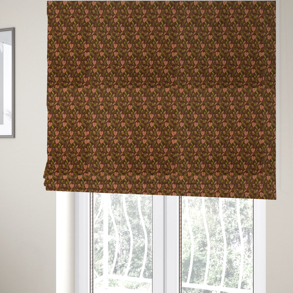 The fabric used to create these Roman blinds is a brown upholstery fabric featuring a repeating pattern of pink heart-shaped leaves, green foliage, and delicate botanical details.