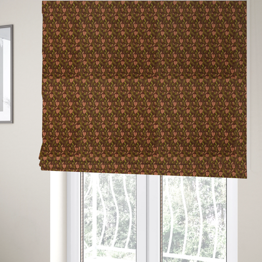 The fabric used to create these Roman blinds is a brown upholstery fabric featuring a repeating pattern of pink heart-shaped leaves, green foliage, and delicate botanical details.