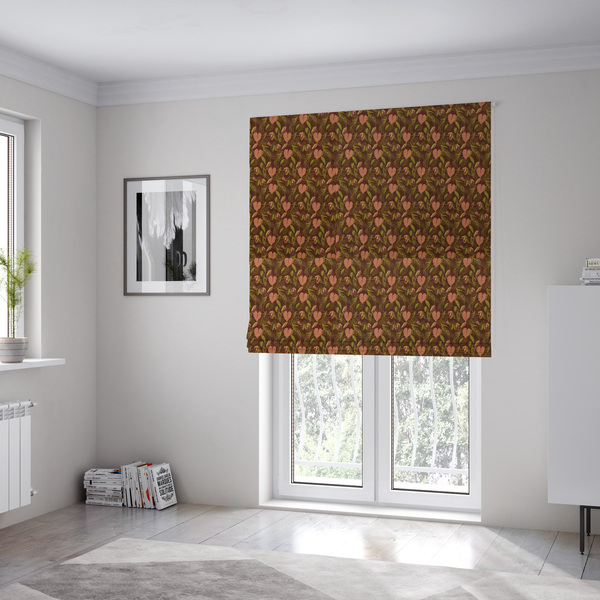 The fabric used to create these Roman blinds is a brown upholstery fabric featuring a repeating pattern of pink heart-shaped leaves, green foliage, and delicate botanical details.
