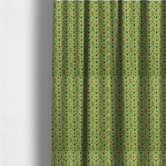 The fabric used to create these made-to-measure curtains is a green upholstery fabric featuring a ditsy folk-art pattern of small red berries, sprigs, and dark blue leaves.