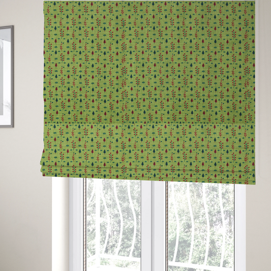 The fabric used to create these Roman blinds is a green upholstery fabric featuring a ditsy folk-art pattern of small red berries, sprigs, and dark blue leaves.