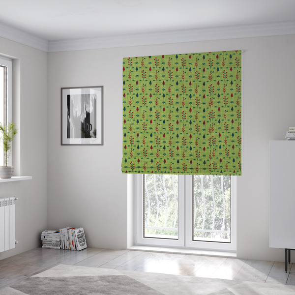 The fabric used to create these Roman blinds is a green upholstery fabric featuring a ditsy folk-art pattern of small red berries, sprigs, and dark blue leaves.