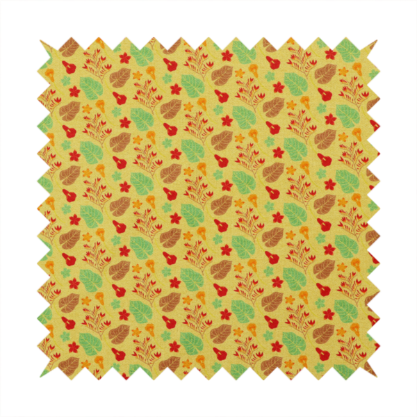 A yellow upholstery fabric featuring a vibrant tropical pattern of red, green, and brown leaves and flowers.