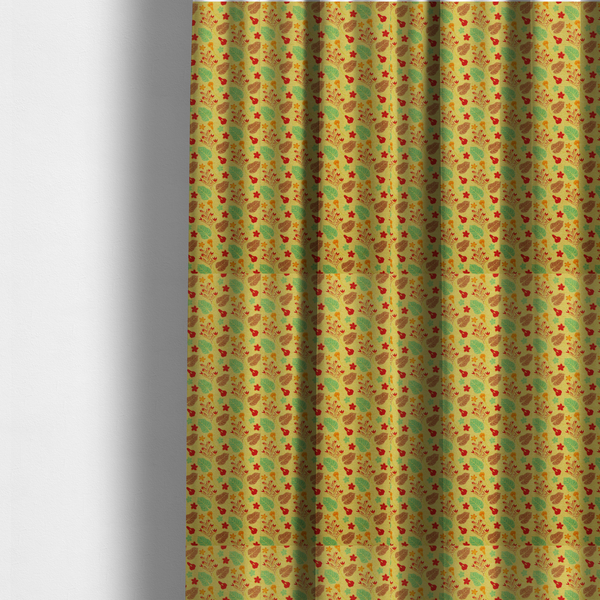 The fabric used to create these made-to-measure curtains is a yellow upholstery fabric featuring a vibrant tropical pattern of red, green, and brown leaves and flowers.