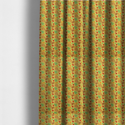 The fabric used to create these made-to-measure curtains is a yellow upholstery fabric featuring a vibrant tropical pattern of red, green, and brown leaves and flowers.