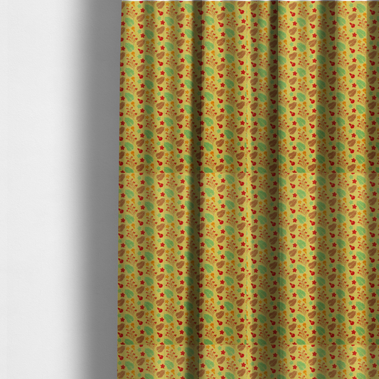 The fabric used to create these made-to-measure curtains is a yellow upholstery fabric featuring a vibrant tropical pattern of red, green, and brown leaves and flowers.