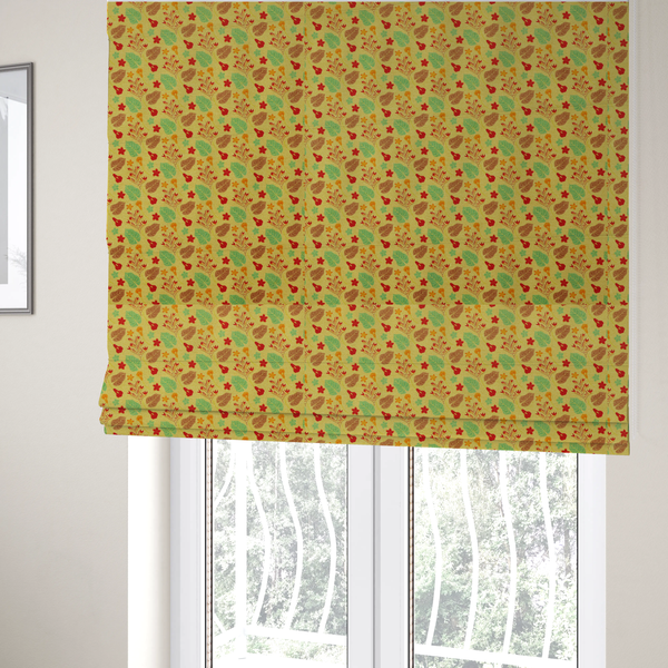The fabric used to create these Roman blinds is a yellow upholstery fabric featuring a vibrant tropical pattern of red, green, and brown leaves and flowers.