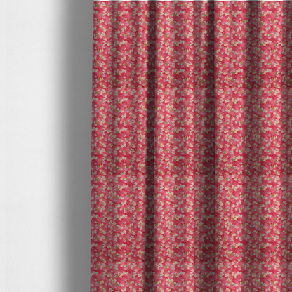The fabric used to create these made-to-measure curtains is a vibrant raspberry pink fabric featuring a dense, repeating pattern of small white, purple, and green floral clusters over a subtle checked texture.