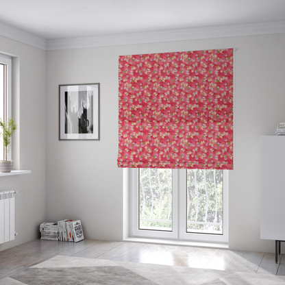 The fabric used to create these Roman blinds is a vibrant raspberry pink fabric featuring a dense, repeating pattern of small white, purple, and green floral clusters over a subtle checked texture.