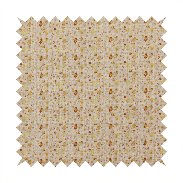 Textured light beige or cream fabric featuring a dense repeating pattern of tiny gold, yellow, and brown micro flowers.