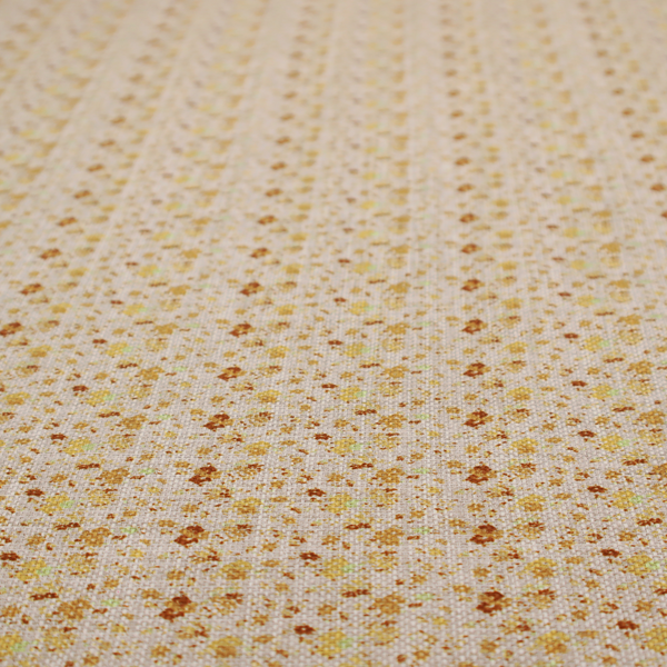 Textured light beige or cream fabric featuring a dense repeating pattern of tiny gold, yellow, and brown micro flowers.
