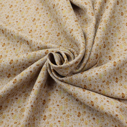 Textured light beige or cream fabric featuring a dense repeating pattern of tiny gold, yellow, and brown micro flowers.