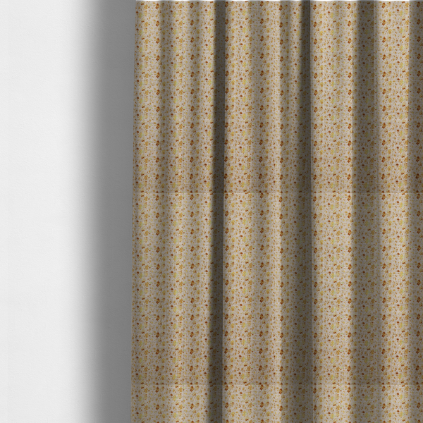 The fabric used to create these made-to-measure curtains is a textured light beige or cream fabric featuring a dense repeating pattern of tiny gold, yellow, and brown micro flowers.