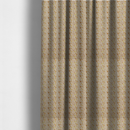The fabric used to create these made-to-measure curtains is a textured light beige or cream fabric featuring a dense repeating pattern of tiny gold, yellow, and brown micro flowers.