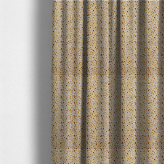 The fabric used to create these made-to-measure curtains is a textured light beige or cream fabric featuring a dense repeating pattern of tiny gold, yellow, and brown micro flowers.