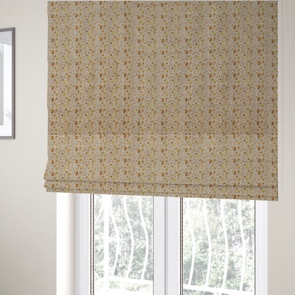 The fabric used to create these Roman blinds is a textured light beige or cream fabric featuring a dense repeating pattern of tiny gold, yellow, and brown micro flowers. 