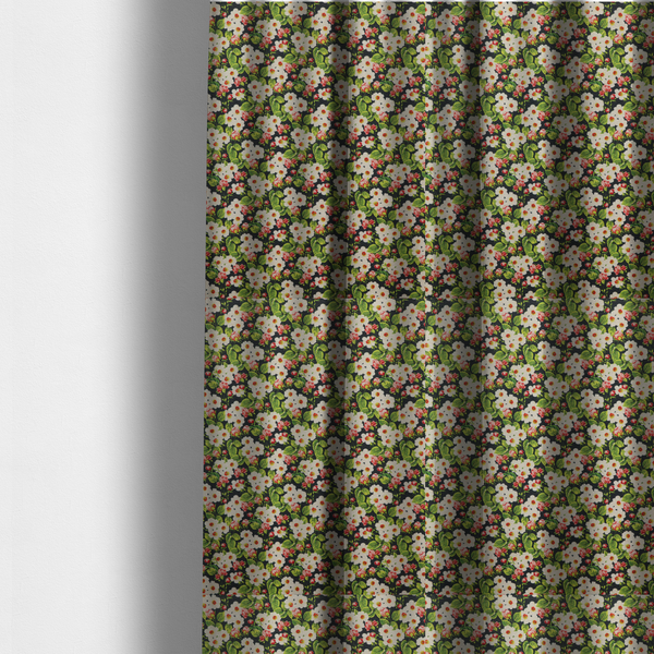 The fabric used to create these made-to-measure curtains is a dense vintage-style micro-floral print fabric featuring tiny white blossoms, pink buds, and green leaves set against a dark background.