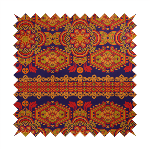 A deep purple textile adorned with intricate, ornate patterns including large mandala medallions, geometric motifs, and a central horizontal decorative stripe in shades of red, orange, and olive green.