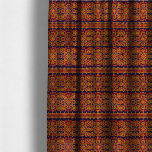 The fabric used to create these made-to-measure curtains is a deep purple textile adorned with intricate, ornate patterns including large mandala medallions, geometric motifs, and a central horizontal decorative stripe in shades of red, orange, and olive green.