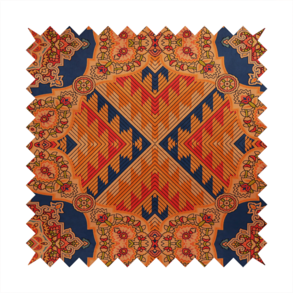 A large, diamond-shaped geometric centrepiece filled with fine diagonal lines and stair-step tribal or Aztec-inspired patterns in orange and dark blue.