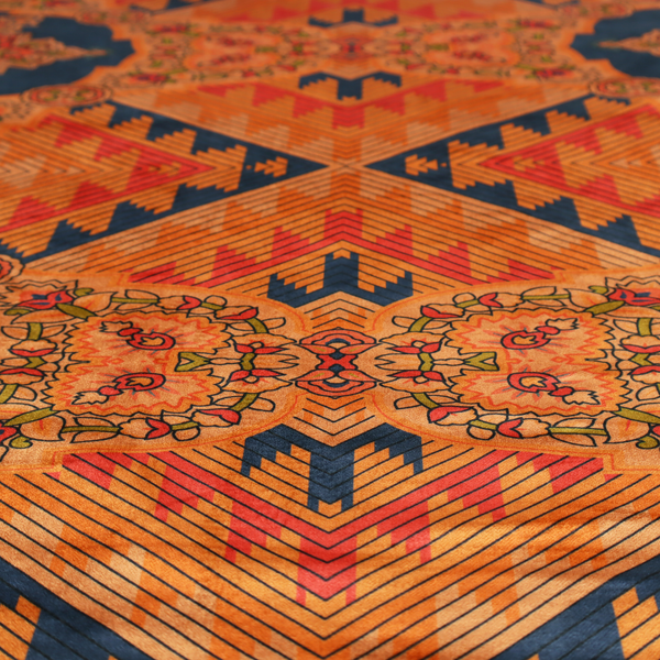 A large, diamond-shaped geometric centrepiece filled with fine diagonal lines and stair-step tribal or Aztec-inspired patterns in orange and dark blue.
