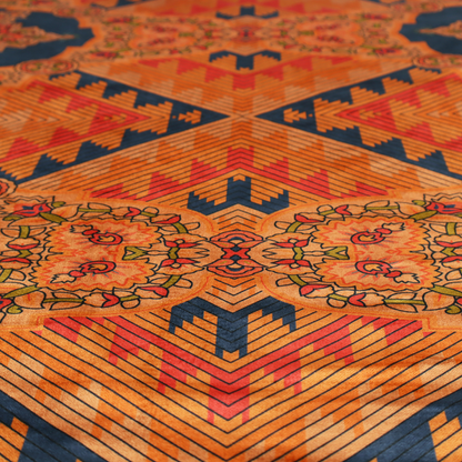 A large, diamond-shaped geometric centrepiece filled with fine diagonal lines and stair-step tribal or Aztec-inspired patterns in orange and dark blue.