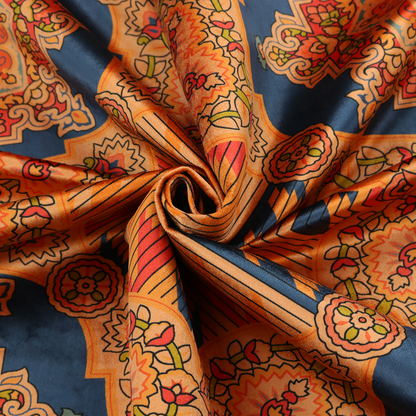A large, diamond-shaped geometric centrepiece filled with fine diagonal lines and stair-step tribal or Aztec-inspired patterns in orange and dark blue.