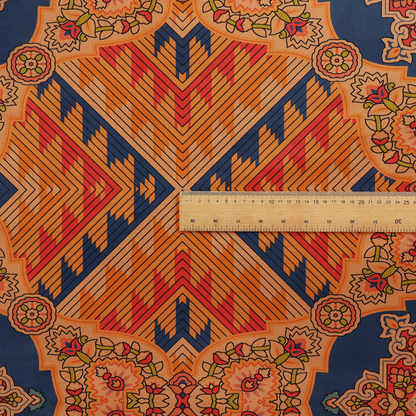 A large, diamond-shaped geometric centrepiece filled with fine diagonal lines and stair-step tribal or Aztec-inspired patterns in orange and dark blue.