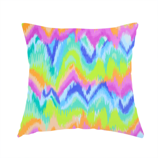The fabric used to create this handmade cushion is a high-energy neon mix of electric pink, bright lime green, vivid orange, turquoise, light blue, and deep purple.