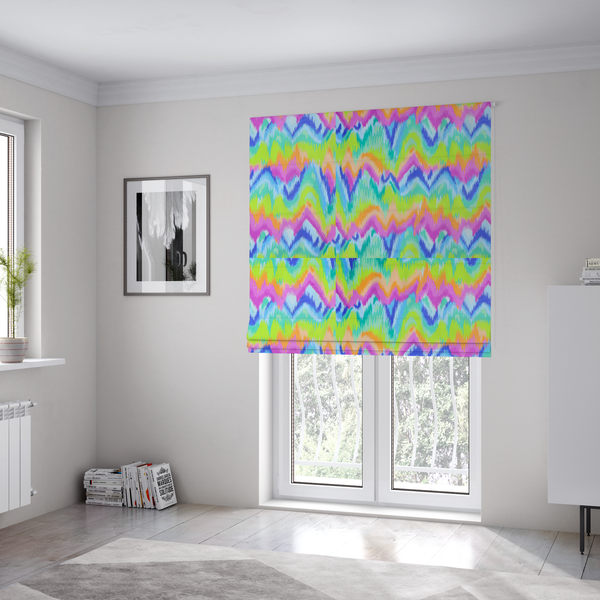 The fabric used to create these Roman blinds is a high-energy neon mix of electric pink, bright lime green, vivid orange, turquoise, light blue, and deep purple.