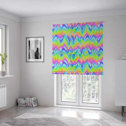 The fabric used to create these Roman blinds is a high-energy neon mix of electric pink, bright lime green, vivid orange, turquoise, light blue, and deep purple.