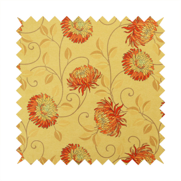 Large, detailed chrysanthemum or dahlia-like blooms connected by slender, curving vines, delicate scrolling tendrils, and scattered leaf silhouettes.