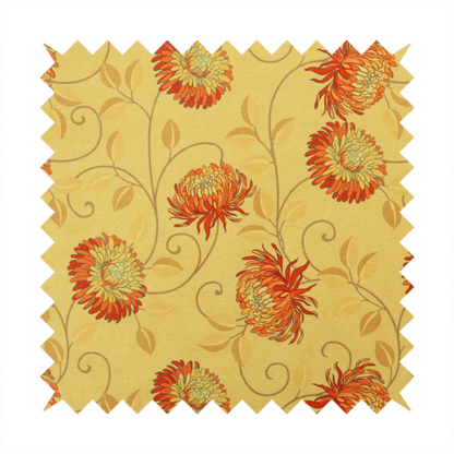 Large, detailed chrysanthemum or dahlia-like blooms connected by slender, curving vines, delicate scrolling tendrils, and scattered leaf silhouettes.
