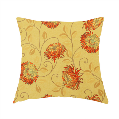 The fabric used to create this handmade cushion is a large, detailed chrysanthemum or dahlia-like blooms connected by slender, curving vines, delicate scrolling tendrils, and scattered leaf silhouettes.
