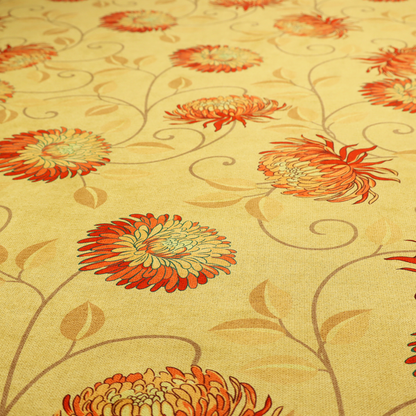 Large, detailed chrysanthemum or dahlia-like blooms connected by slender, curving vines, delicate scrolling tendrils, and scattered leaf silhouettes.