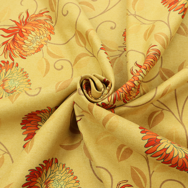 Large, detailed chrysanthemum or dahlia-like blooms connected by slender, curving vines, delicate scrolling tendrils, and scattered leaf silhouettes.