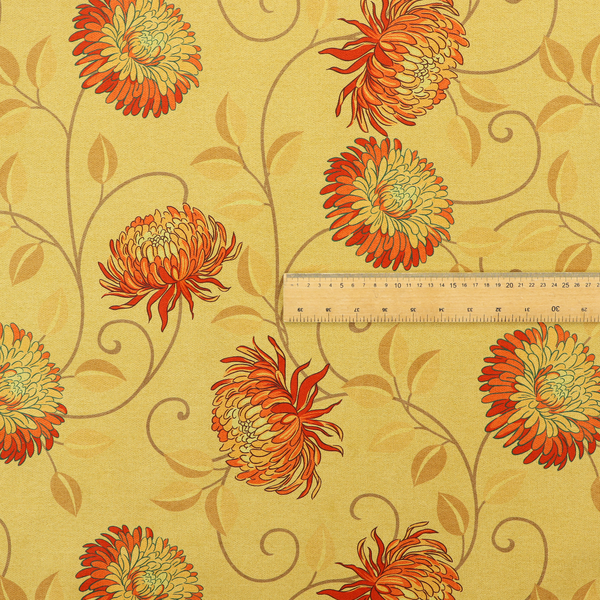 Large, detailed chrysanthemum or dahlia-like blooms connected by slender, curving vines, delicate scrolling tendrils, and scattered leaf silhouettes.