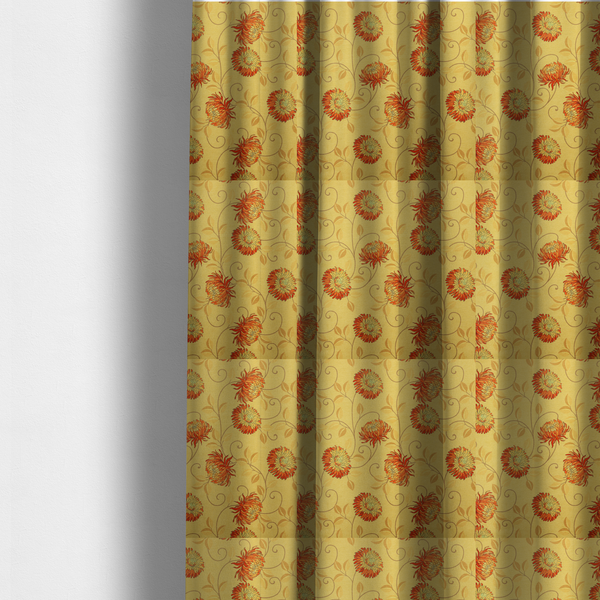 The fabric used to create these made-to-measure curtains is a large, detailed chrysanthemum or dahlia-like blooms connected by slender, curving vines, delicate scrolling tendrils, and scattered leaf silhouettes.