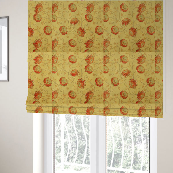 the fabric used to create these roman blinds is a large, detailed chrysanthemum or dahlia-like blooms connected by slender, curving vines, delicate scrolling tendrils, and scattered leaf silhouettes.