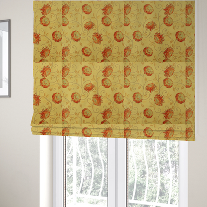 the fabric used to create these roman blinds is a large, detailed chrysanthemum or dahlia-like blooms connected by slender, curving vines, delicate scrolling tendrils, and scattered leaf silhouettes.