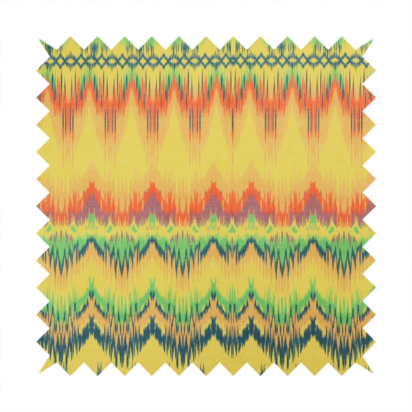 Horizontal bands of intricate, jagged zig-zags, flame-like vertical gradations, and a central diamond-patterned border stripe that mimic traditional ikat weaving.