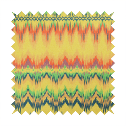 Horizontal bands of intricate, jagged zig-zags, flame-like vertical gradations, and a central diamond-patterned border stripe that mimic traditional ikat weaving.