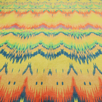 Horizontal bands of intricate, jagged zig-zags, flame-like vertical gradations, and a central diamond-patterned border stripe that mimic traditional ikat weaving.