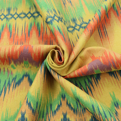 Horizontal bands of intricate, jagged zig-zags, flame-like vertical gradations, and a central diamond-patterned border stripe that mimic traditional ikat weaving.
