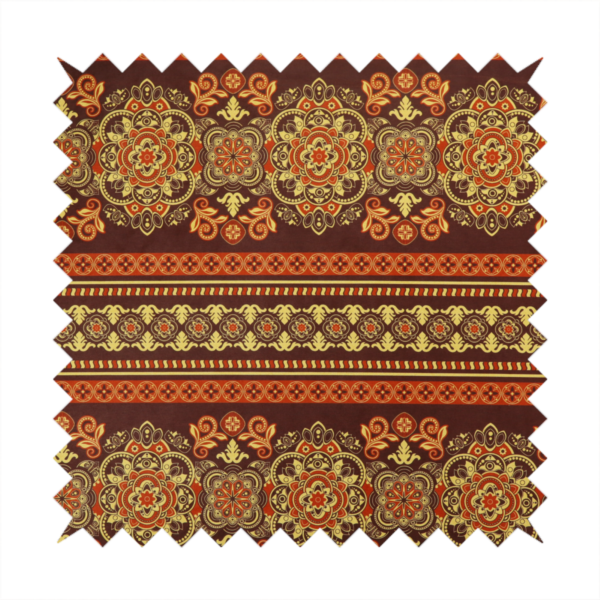 Alternating horizontal rows featuring large, intricate damask or medallion roundels, smaller floral scrollwork, and geometric border stripes.