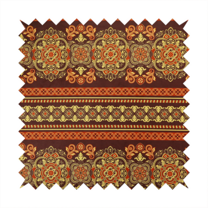 Alternating horizontal rows featuring large, intricate damask or medallion roundels, smaller floral scrollwork, and geometric border stripes.
