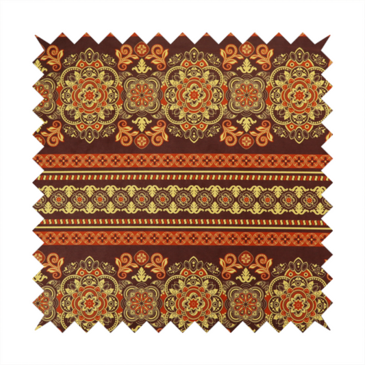 Alternating horizontal rows featuring large, intricate damask or medallion roundels, smaller floral scrollwork, and geometric border stripes.