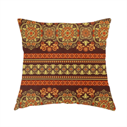 The fabric used to create this handmade cushion is an alternating horizontal rows featuring large, intricate damask or medallion roundels, smaller floral scrollwork, and geometric border stripes.