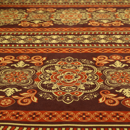 Alternating horizontal rows featuring large, intricate damask or medallion roundels, smaller floral scrollwork, and geometric border stripes.